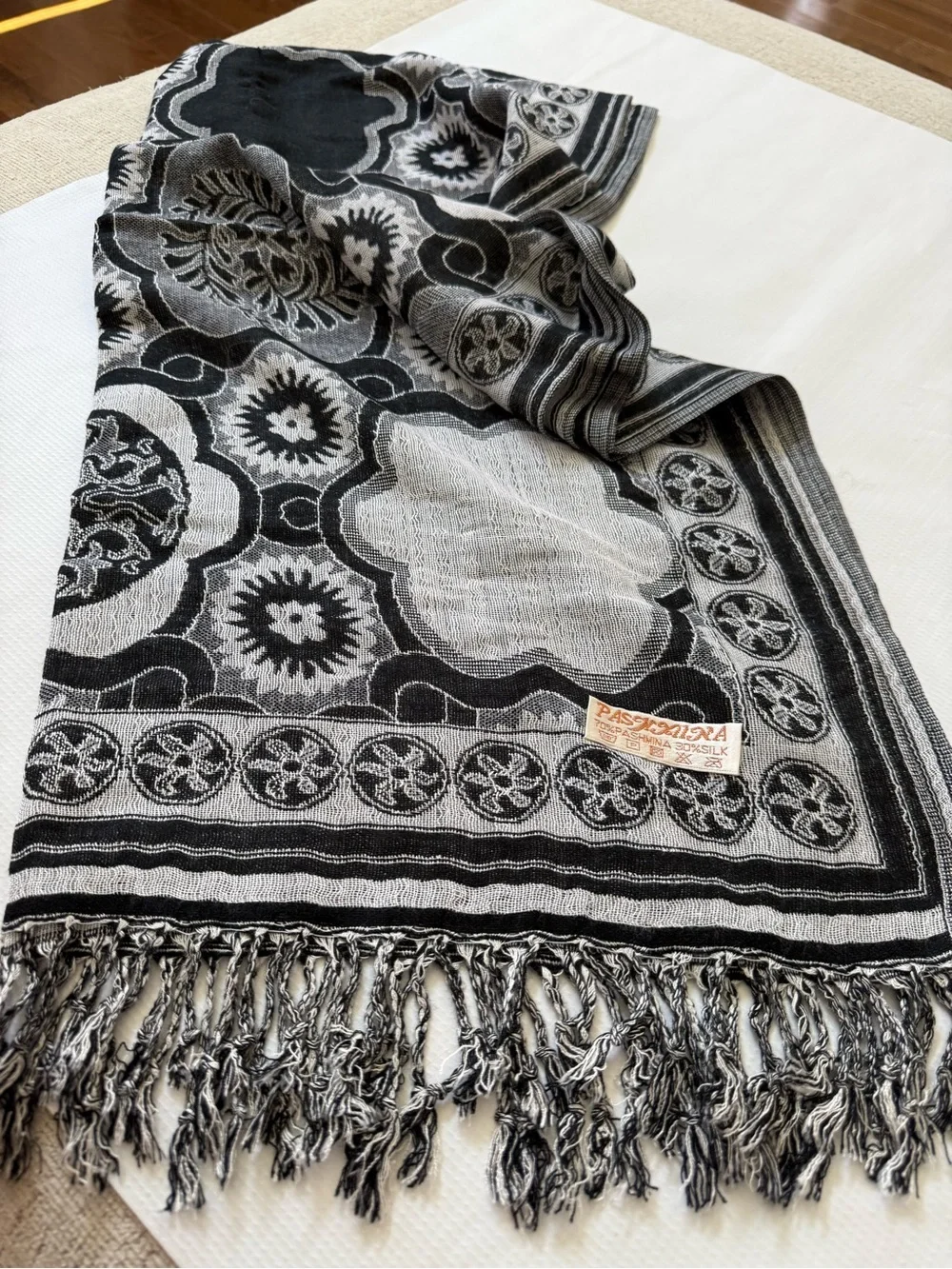Pashmina Silk Blend Black & Gray Patterned Fringed Wrap Shawl Scarf